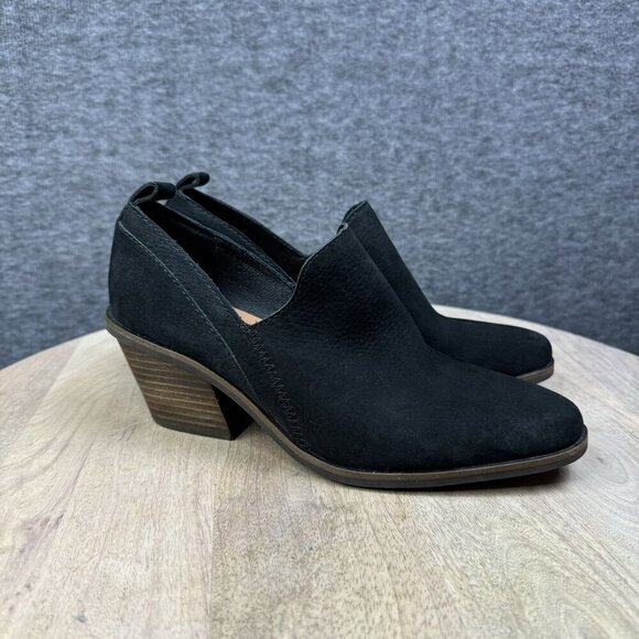 Lucky Brand Womens Black Suede Ankle Booties Size 6.5 / 37 With Stacked Heel - Picture 1 of 8